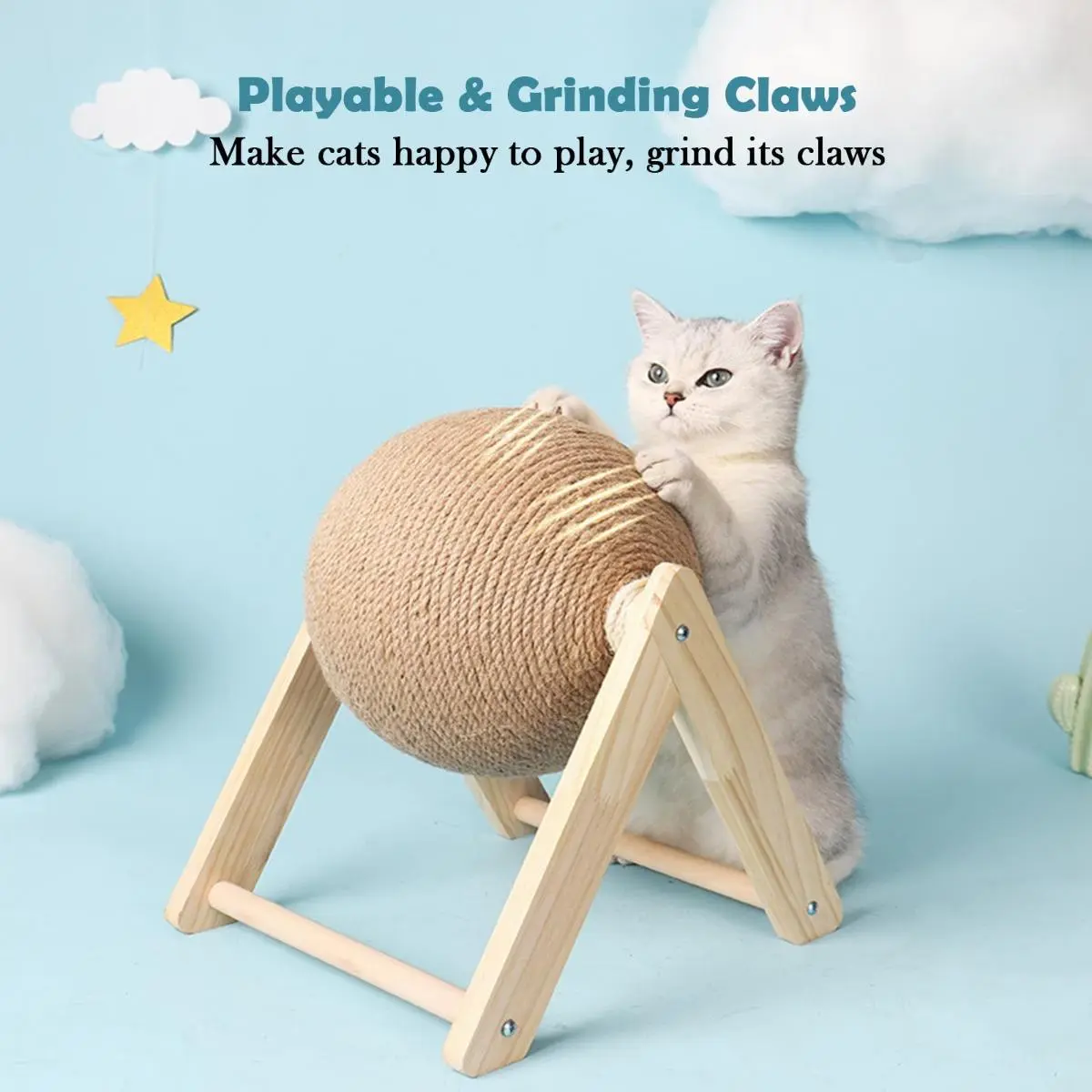 Natural Sisal Scratcher Cat Toy - Sturdy Solid Wood Frame All-in-1 Cat Climber with Scratching Posts, Furniture-Safe Garden Play & Scratch Home Protector, Debris-Resistant