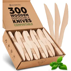 Wooden Disposable Knives-300 Piece Wood Compostable Knives-Eco-Friendly Biodegradable Utensils For Party-Free From Plastic Cutlery Set-Disposable Cutlery For Eating-Compostable Utensils