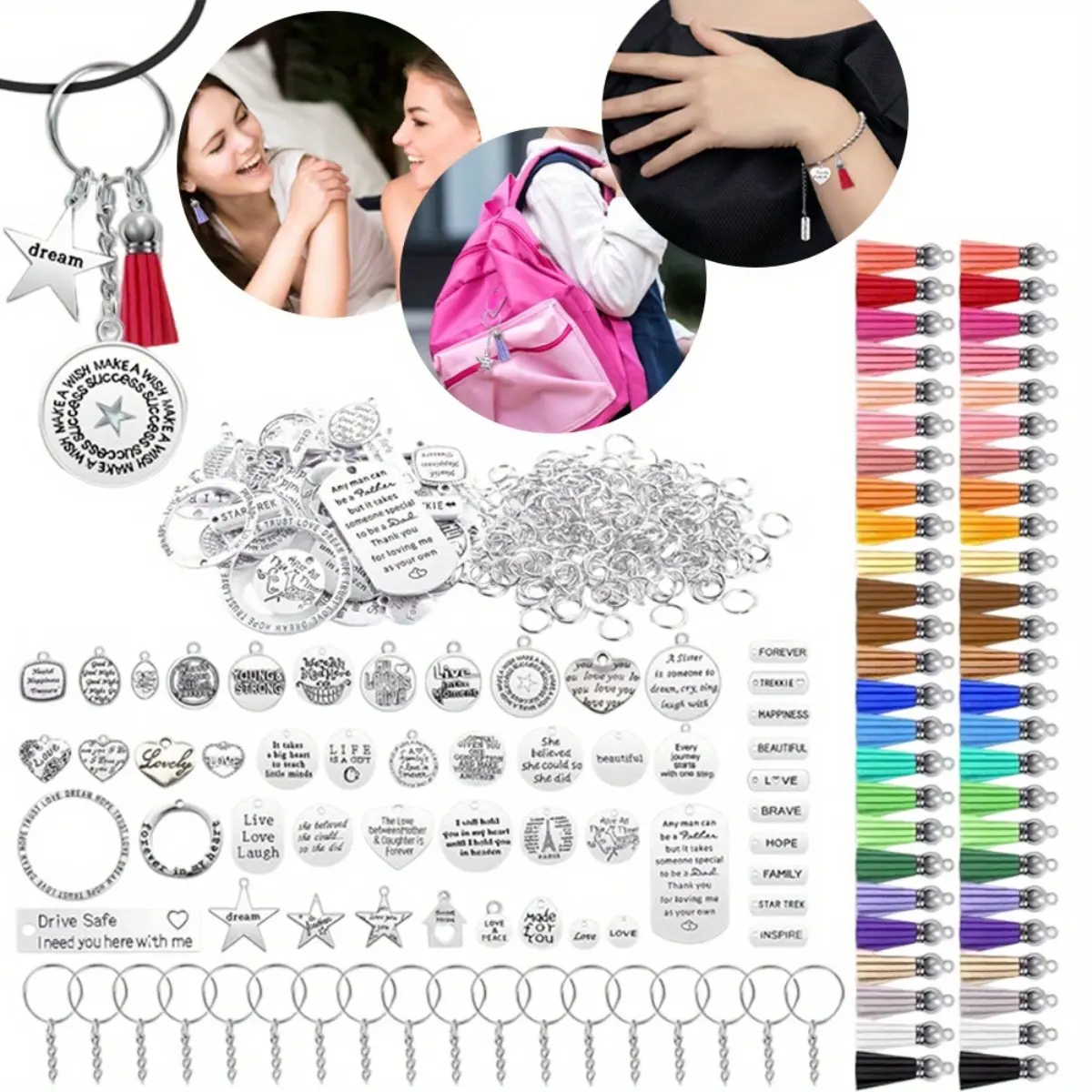 350 Pcs Motivational Keychain Accessories Set with 50 Engraved Inspirational Words Charms, 50 Leather Keychain Tassels, 50 Keyring with Chain, 200 Open Jump Rings for DIY Crafting