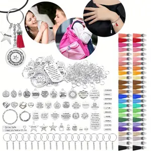 350 Pcs Motivational Keychain Accessories Set with 50 Engraved Inspirational Words Charms, 50 Leather Keychain Tassels, 50 Keyring with Chain, 200 Open Jump Rings for DIY Crafting