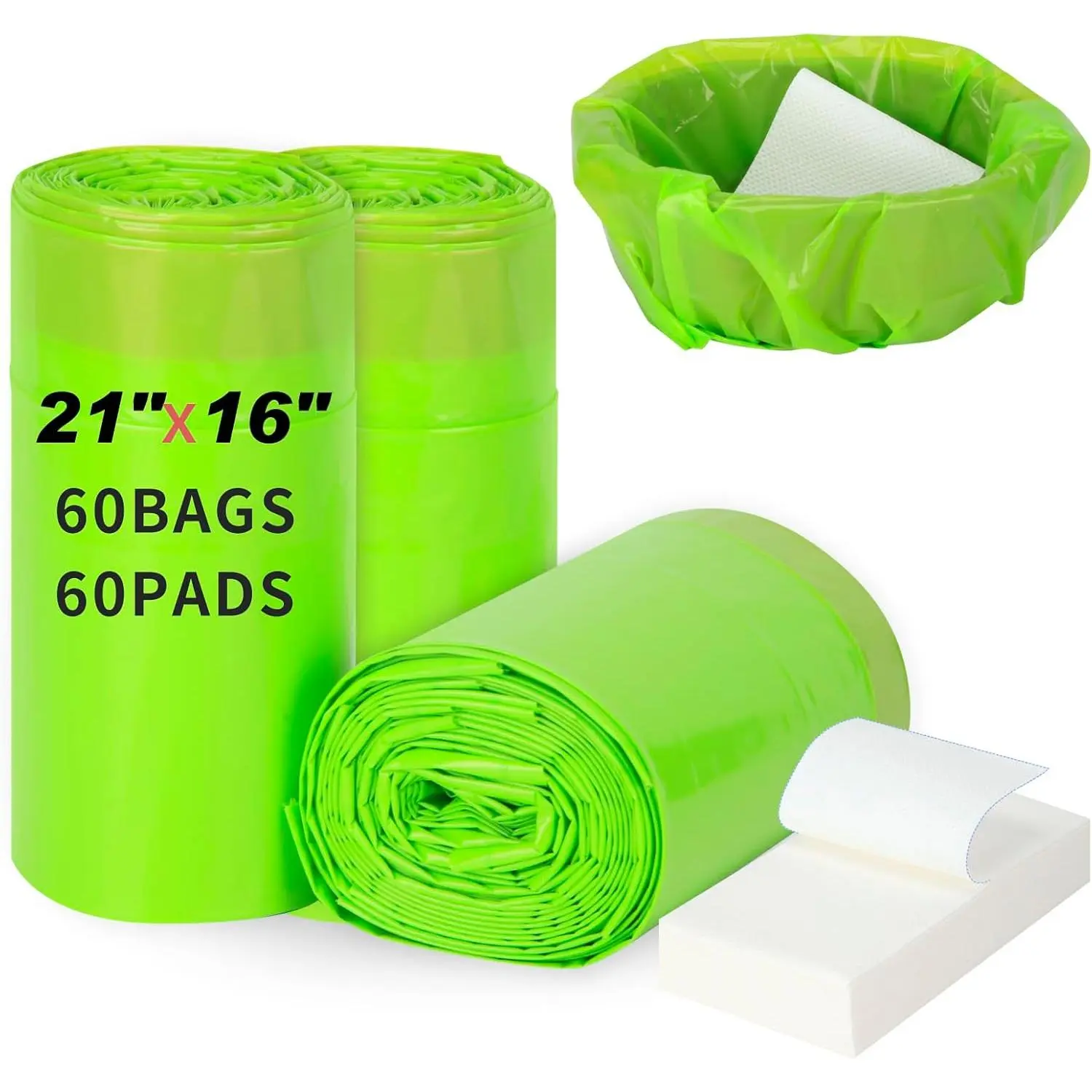 60 Bedside 21"x16" Commode Liners with Absorbent Pads, Extra Thick Leak-Proof Disposable Toilet Bags for Adults Seniors , Potty Bags for Standard Toilet Chair Buckets, Portable Camping Toilet