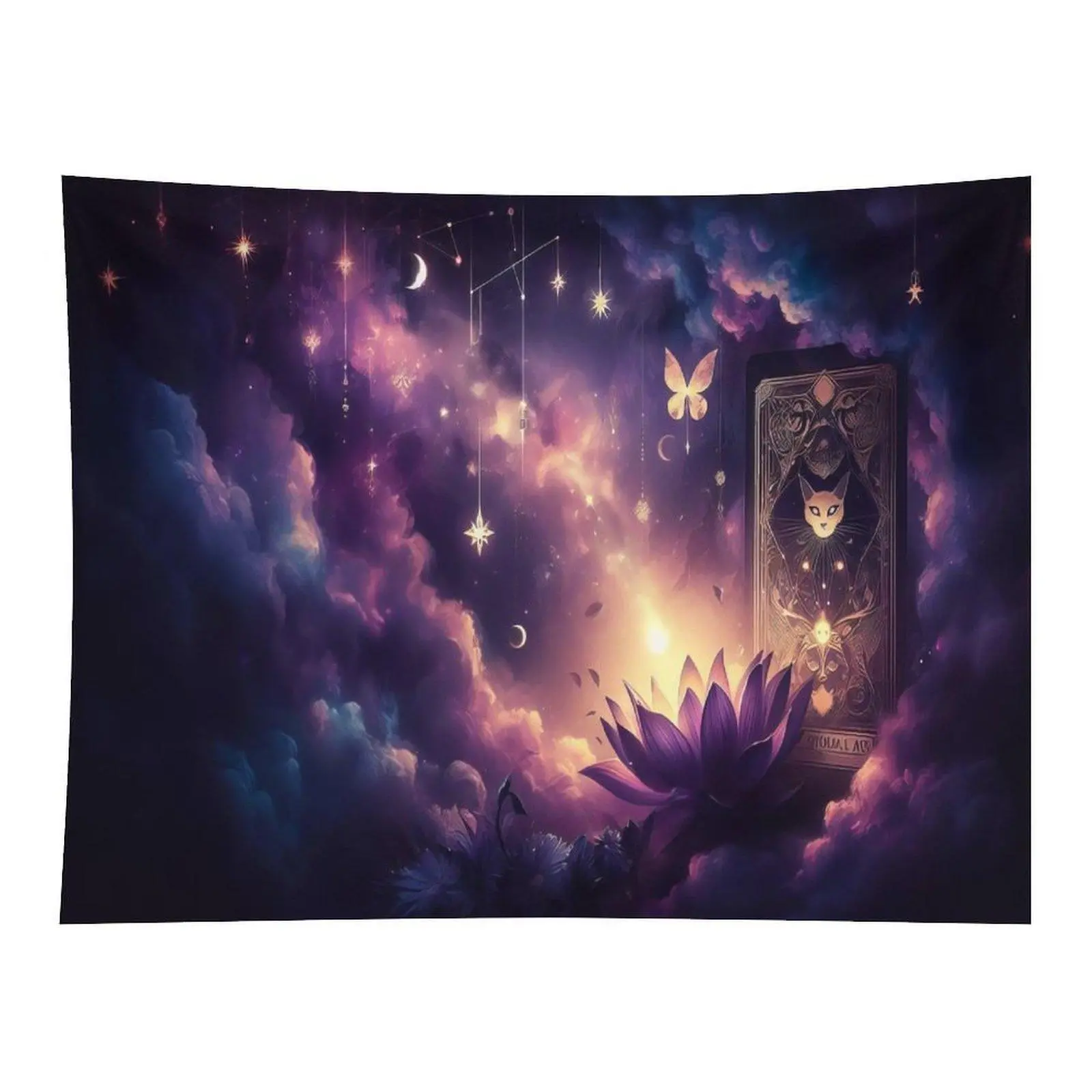 Purple Cosmic Star Moon Lotus Cat Tarot Witchy Wall Tapestry Wall Hanging, Mystic Galaxy Floral Occult Divination Bedroom Altar Decor Backdrop