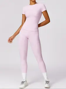 Women's Solid Round Neck Tee & High Waist Leggings Tracksuit Set, Sporty Comfy Dry-Quick Short Sleeve T-Shirt & Skinny Pants For Yoga Gym Workout, Summer Back to School Sportswear, Yoga Clothes Set