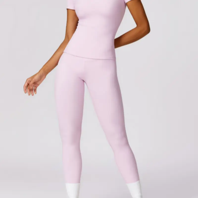 Women's Solid Round Neck Tee & High Waist Leggings Tracksuit Set, Athletic Workout Set, Dry-Quick Short Sleeve T-Shirt & Skinny Pants For Yoga Gym Workout, Summer Back to School Sportswear