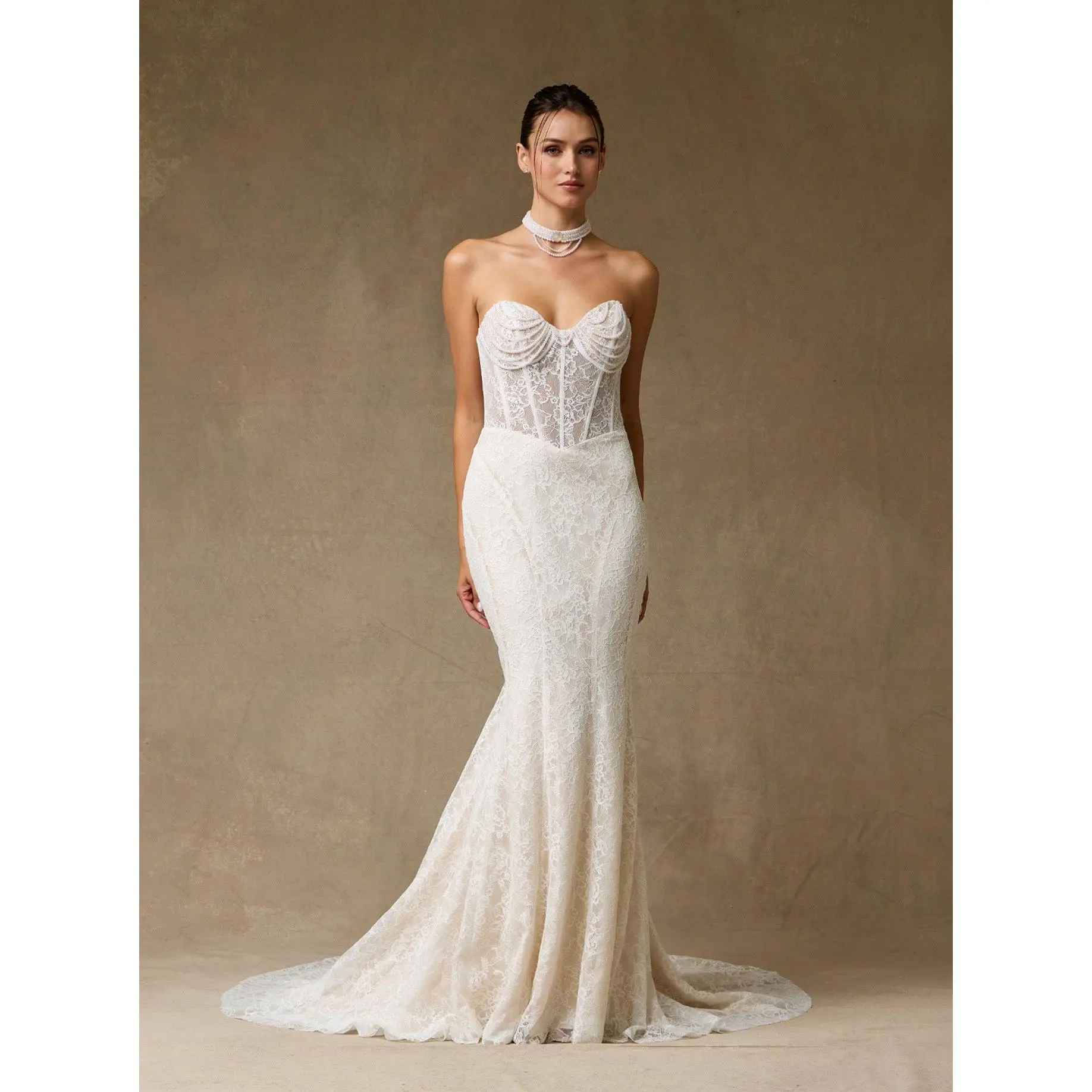 Strapless Lace Mermaid Wedding Dress with Sheer Corset Bodice and Pearl Detail – Fitted Modern Bridal Gown