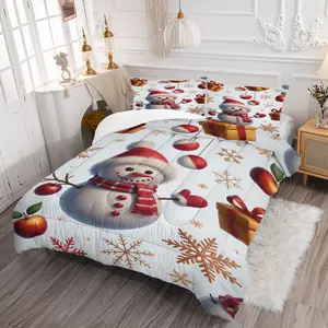 Christmas Joy Scarf Snowman Print Comforter Set, Includes 1/2 Pillowcases, Soft Cozy Bedding, 3-Piece Set for Kids & Adults, Holiday Gift