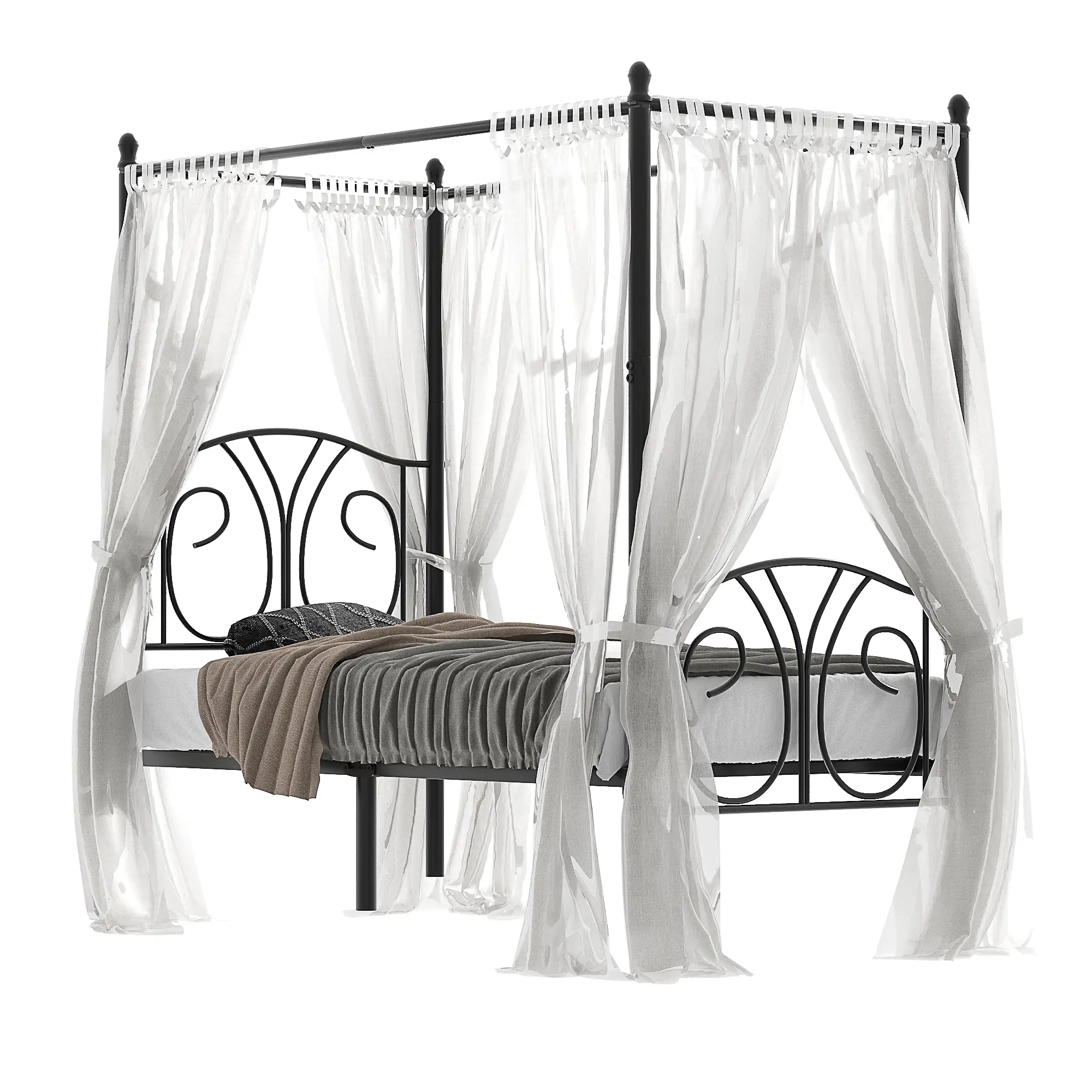 VECELO Metal Canopy Bed Frame Twin Size/Mattress Base with Metal Slatted Support/Headboard and Footboard Bed Frame with Metal Pattern/No Box Spring Required/Excl. Mosquito Net/Black/Pink
