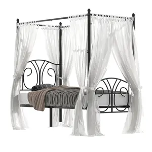 VECELO Metal Canopy Bed Frame Twin Size/Mattress Base with Metal Slatted Support/Headboard and Footboard Bed Frame with Metal Pattern/No Box Spring Required/Excl. Mosquito Net/Black/Pink