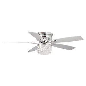 PARROT UNCLE 52-inch Panipat Modern Chrome Flush Mount Reversible Crystal Ceiling Fan with Lighting and Remote Control