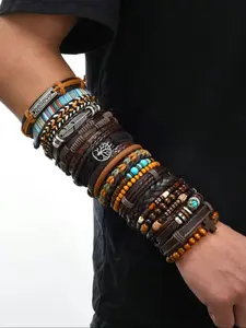 Men's Vintage PU Leather Bracelet Set, Stackable Turquoise Bangle, Casual Aesthetic Fashion Accessory Gift, All Seasons Wear