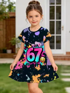 Girl Summer Fashion Short Sleeve Dress, Ink Splatter 67 Number 3D Print Casual Dress, Perfect Gift for Kids, Daily Wear/festive Choice
