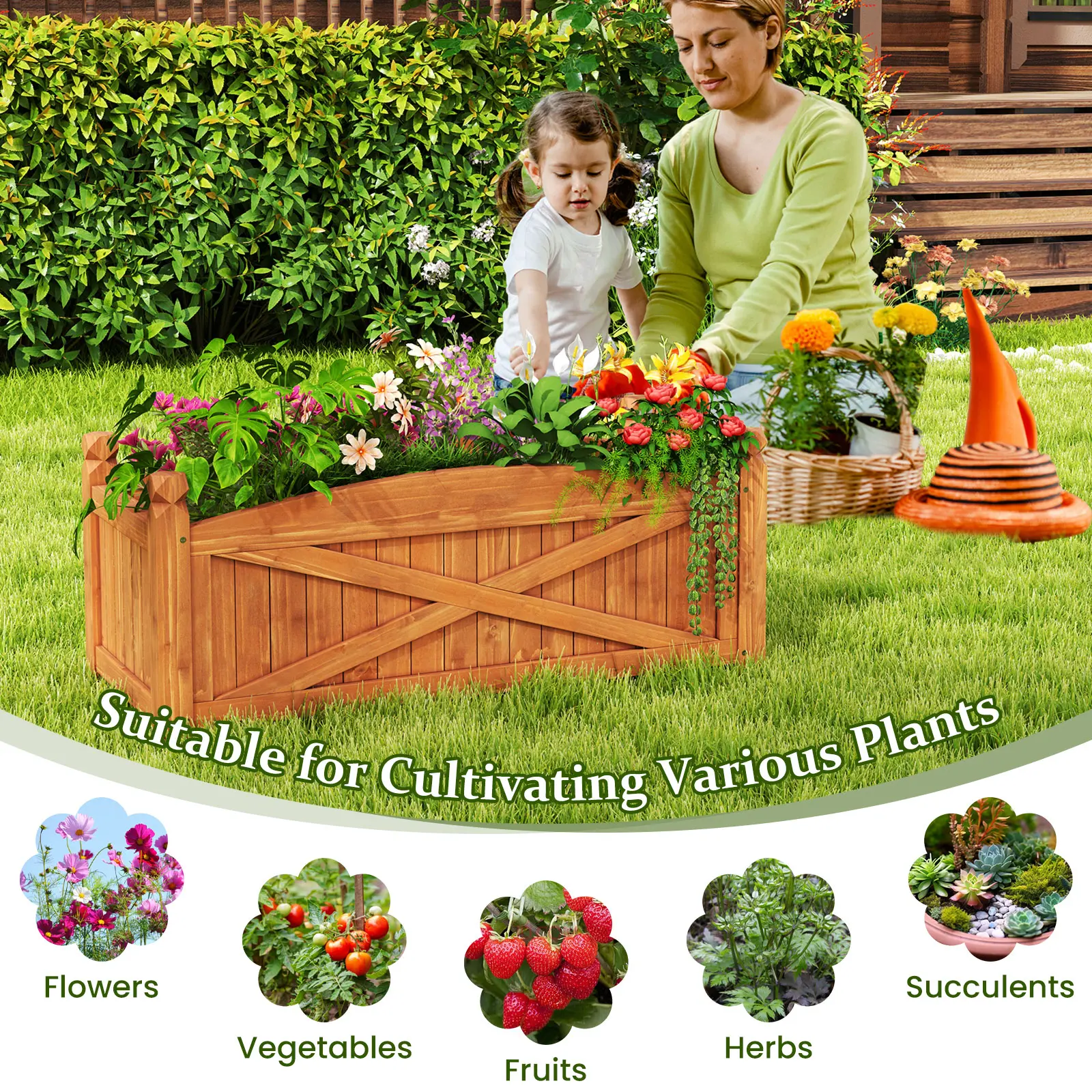 COSTWAY - Wooden Raised Garden Bed  Drainage Holes for Patio Garden-L