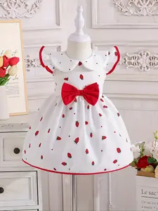 [Single piece] Girls' dress, Baby Clothes Girl, Summer little fly sleeves, doll collar, bow A-line dress for baby girls, cute Strawberry Print Dress, suitable for outdoor travel and photo dressing, Baby girl birthday gift