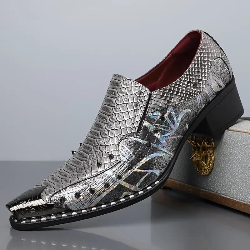 Men's Height Boosting Punk Rock Dress Shoes - Embossed Metal Toe Cuban Heel Slip-On Loafers for Nightclub Stage