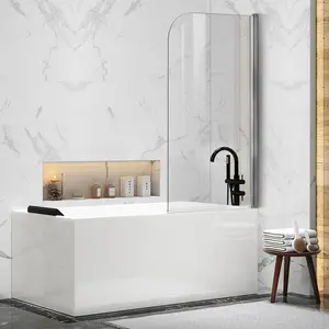 30" W x 55" H Curved Top Frameless Pivot Bathtub Screen  with 1/4" (6 mm) Clear Tempered Glass and 180° Pivoting, Polished Chrome