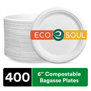 Pearl White 6 inch Paper Plates 100% Compostable Disposable I Heavy Duty Eco-Friendly Appetizer Plates I Biodegradable Sugarcane Plates  To-Go Plates  Microwavable,  400 Count
