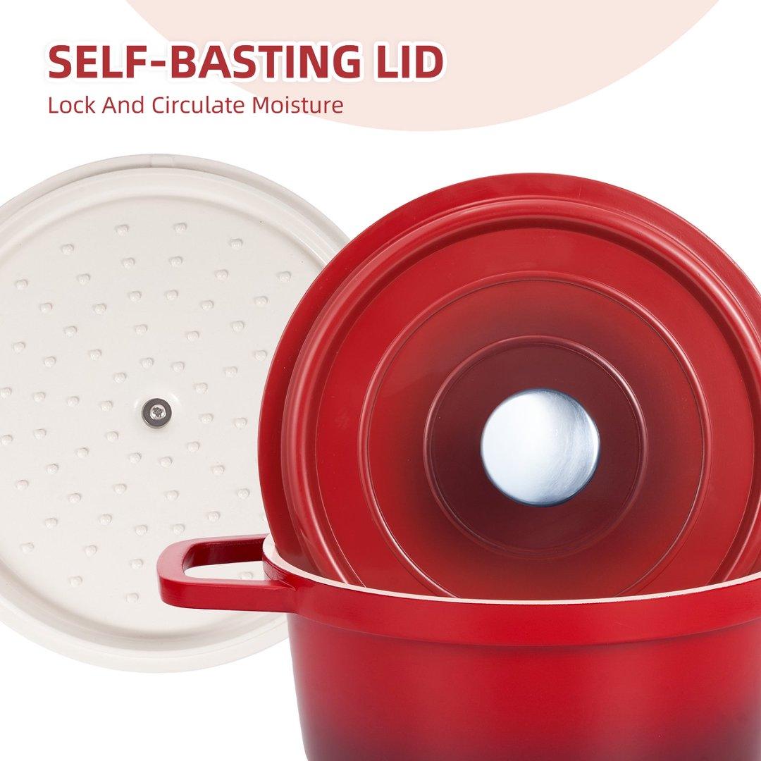 Enameled Cast Iron Dutch Oven Pot with Lid 2.5 QT Covered Casserole Dish for Braising Baking Roasting Soup Cookware Even Heat Distribution Multi Purpose Cooking Red Finish braiser pan