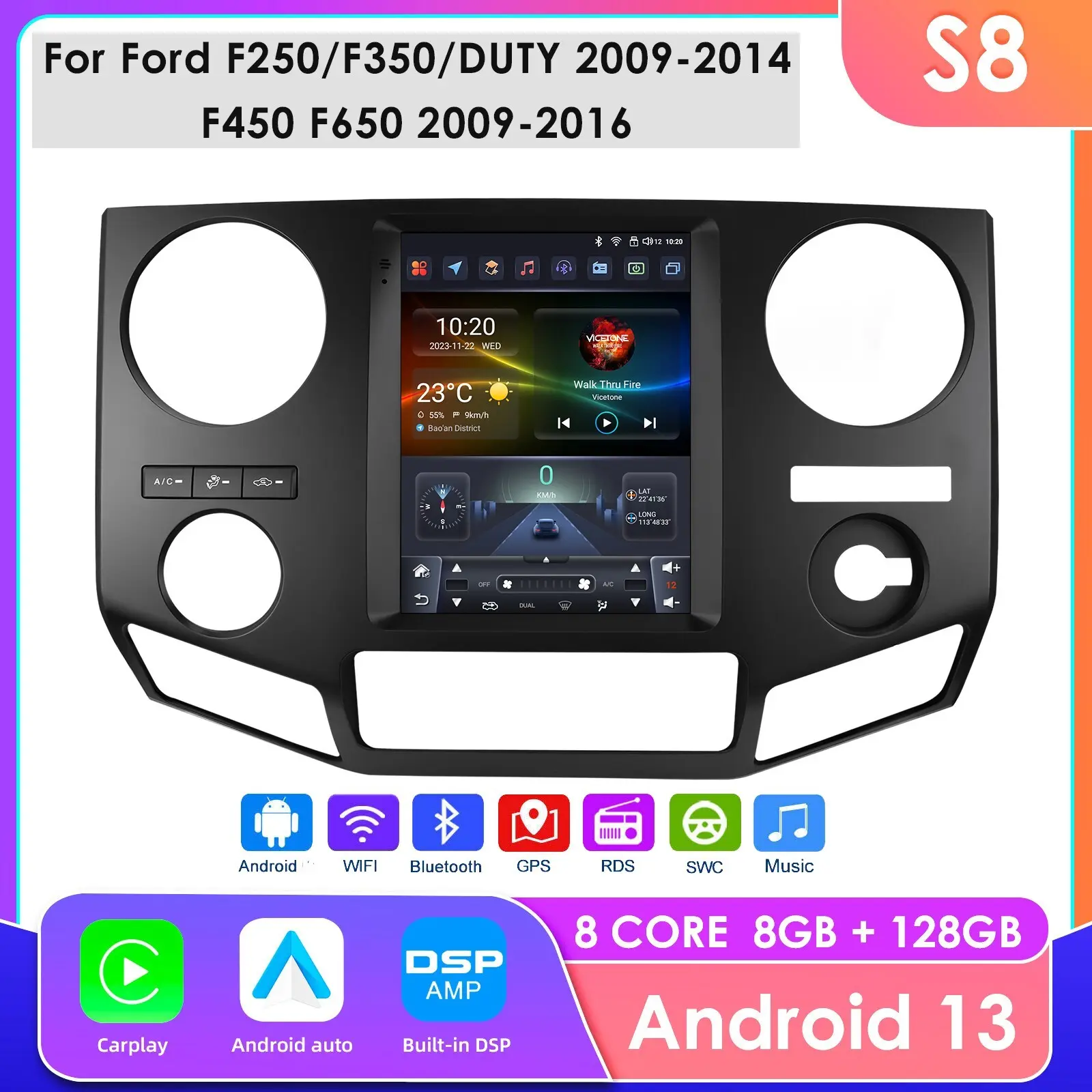 Hizpo 9.7 Inch screen Carplay Android 14 Car Radio for Ford F250/F350/DUTY/F450/F650 Multimedia Player Navigation 4G Autoradio