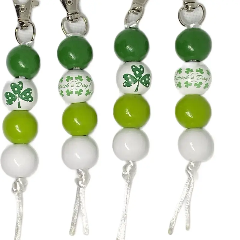 St Patrick's Day Bag Charm, Beads Green and White with Shamrock Design