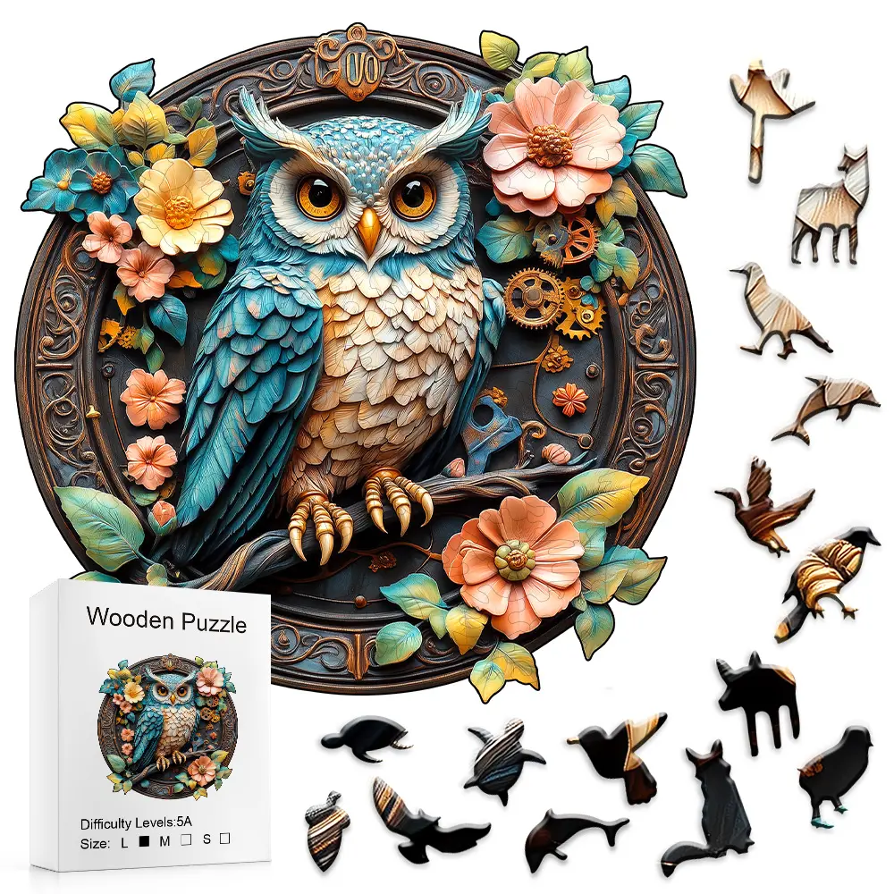 Steampunk Floral Owl 5A Difficulty Round Wooden Puzzle Exquisite 3D Gear Texture Design Brain Boosting Interactive Toy for Kids Adults Festival Birthday Gift Vintage Home Decor