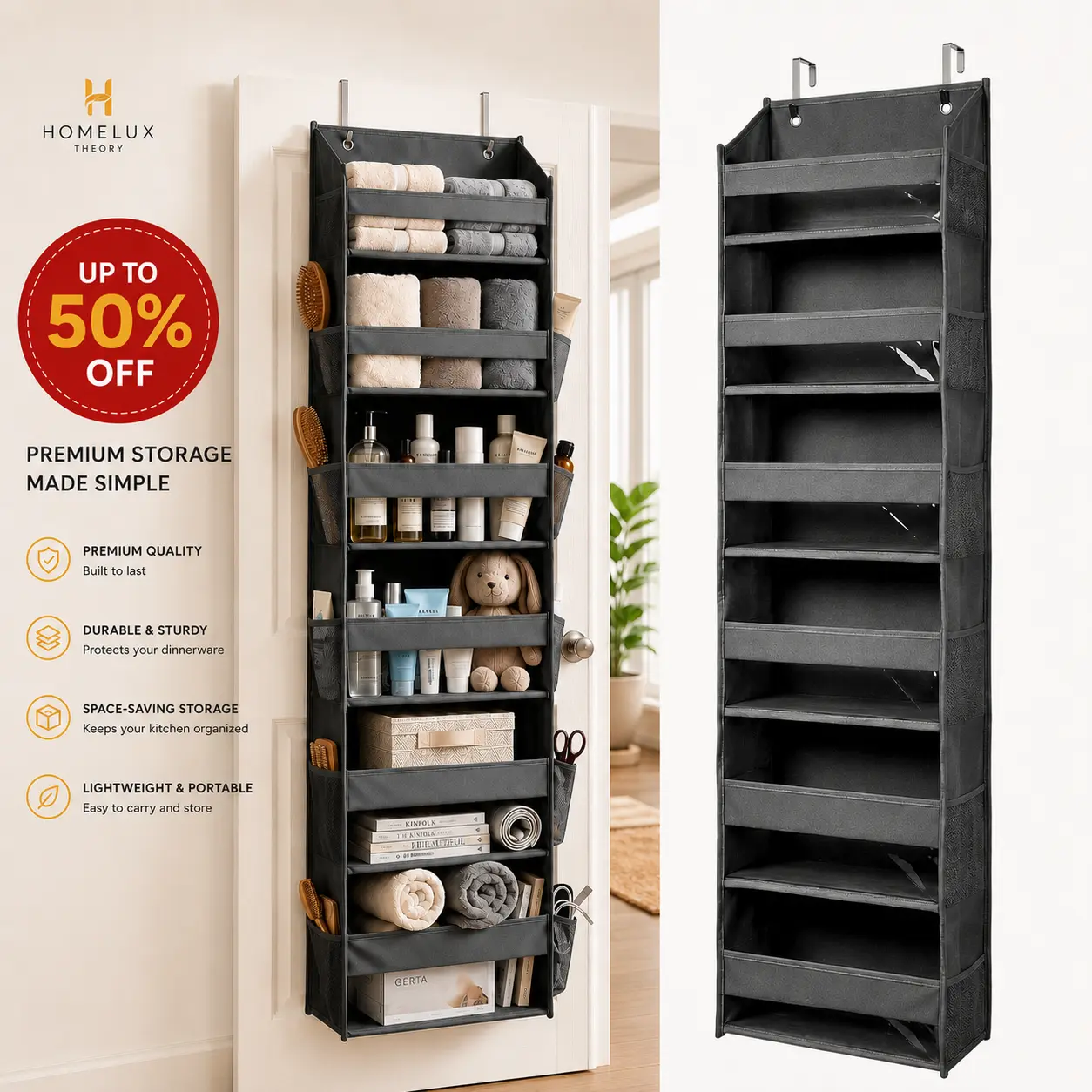 Over The Door Organizer with 12 Multi-Size Pockets & Mesh Side Storage | Hanging Door Organizer for Bedroom, Bathroom, Closet & Nursery | HOMELUX THEORY sohochic