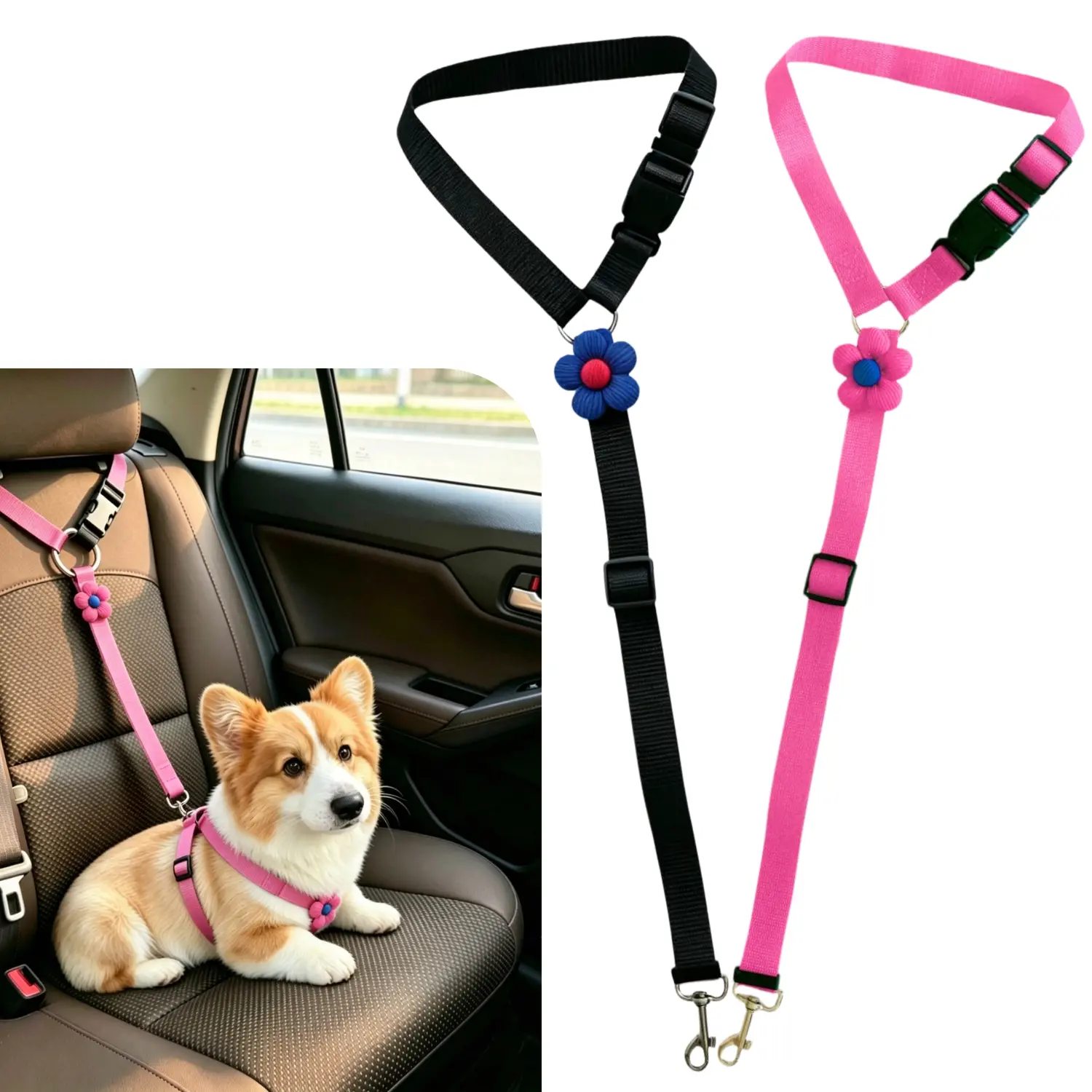 Dog Car Detachable Safety Leash - 2pcs Adjustable Pet Seat Belts with Cute Flower, Solid & Colorful Flower Decorations, Universal Fit for Dog Travel