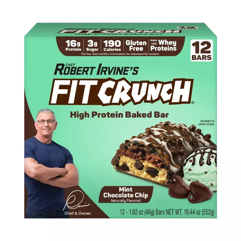 FITCRUNCH Crunchy Mint Chocolate Chip Baked Dessert Snack Bars - 16g Protein, Cookies-Inspired, 12ct/19.44oz
