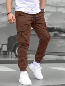 Men's Solid Flap Pocket Cargo Pants, Regular Fit Casual Straight Leg Casual Comfy Elastic Waist Trousers for Daily Wear, Fashion Men's Bottoms for All Seasons