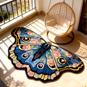 Blue Rose Butterfly Print Carpet, Foldable Plush Decorative Rug for Living Room Bedroom, Easy Care Large Area Mat, Minimalist Style
