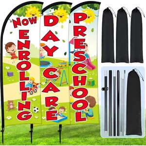 3 Sets Now Enrolling Preschool Daycare Flag 8ft Now Enrolling Signs Banner Swooper Feather Flag Sign with Flagpole Ground Stake Portable Bag for Schools Business Advertising