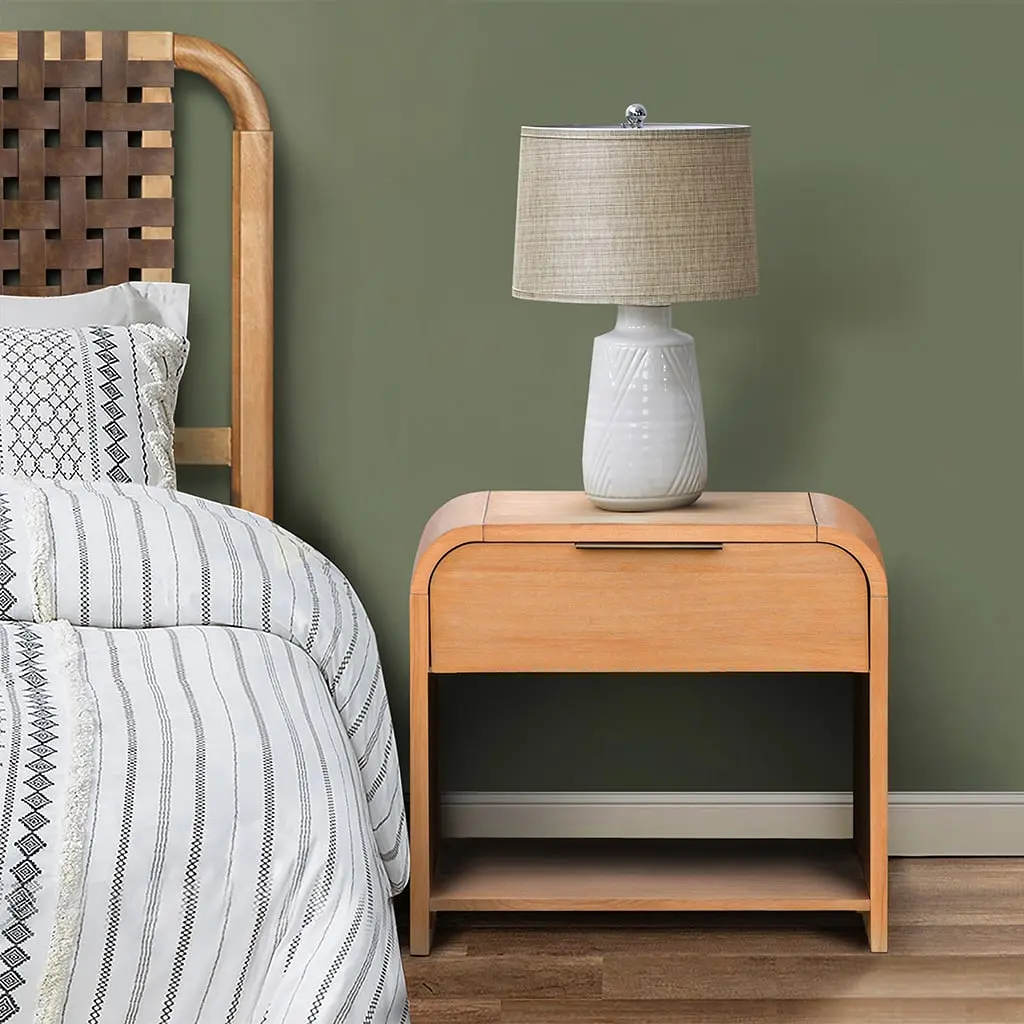 360 Stand Mid-Century Modern Waterfall Curve Nightstand, 26x16x24" 1-Drawer Solid Wood Indoor Furniture with Adjustable Legs and Smooth Drawer Glide, Natural, Modern Bedside Table, Nightstand For Bedroom