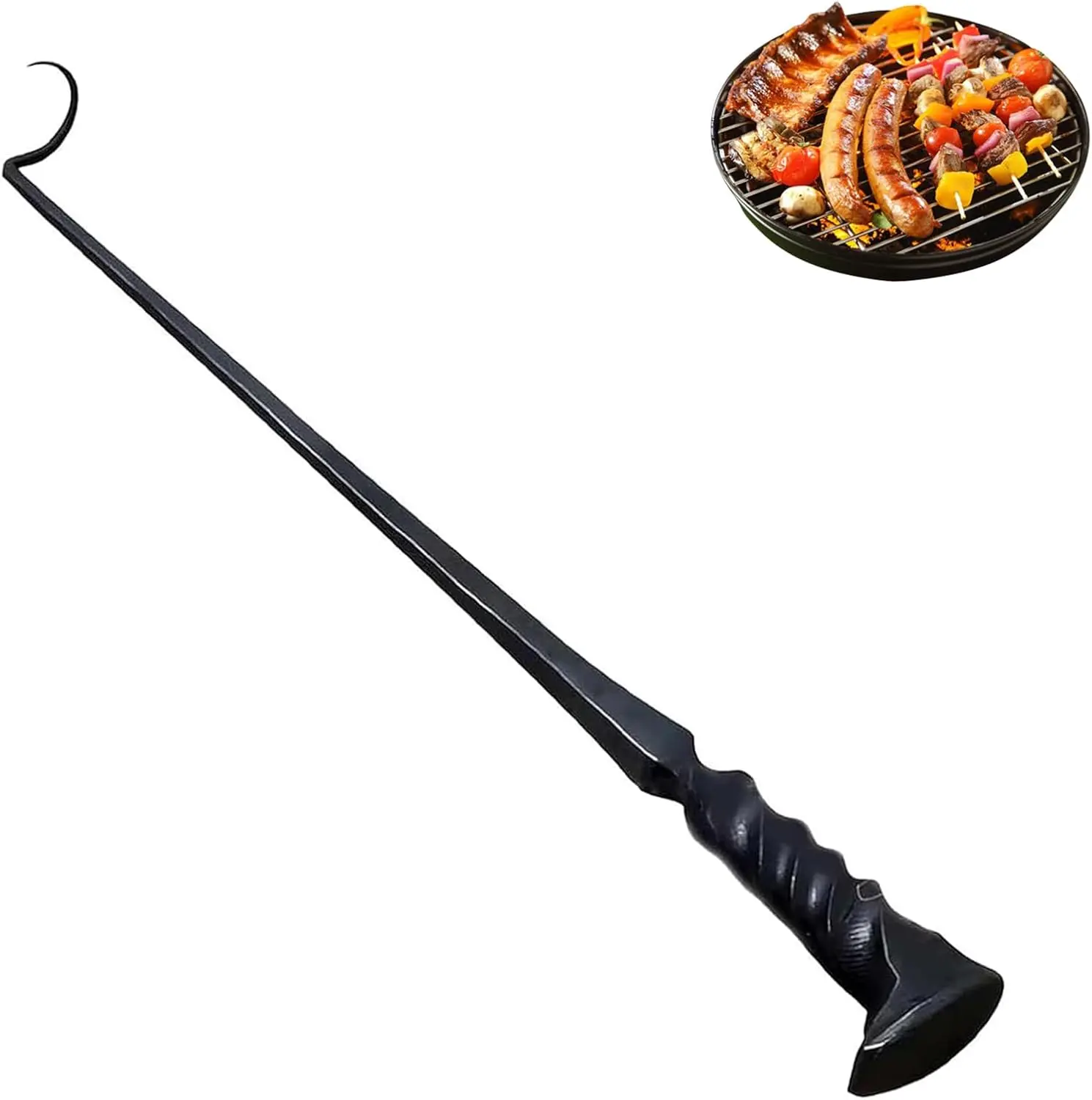 Premium Handmade Iron-Steel Pigtail BBQ Turner Hook, Ergonomic Grip Grilling Utensil, Heatproof Long Handle, Hook-Shape Tool for Smoker, Griddle Meat Flipping