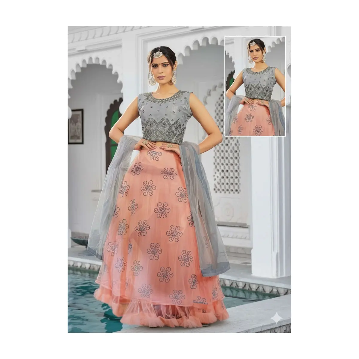 #Model-2 Peach Embroidered Lehenga Set with Grey Crop Top & Net Dupatta | 1/2" Alteration Margin