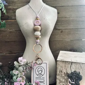 Beaded Lanyard with Wooden Engraved Bead 17 Inch Breakaway Clasp Creative ID Badge Holder Handcrafted with Silicone Beads for Teachers Nurses Office Staff