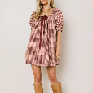Mini Dress with Ruffle Neck and Puff Sleeves Gingham Pattern for Casual Wear