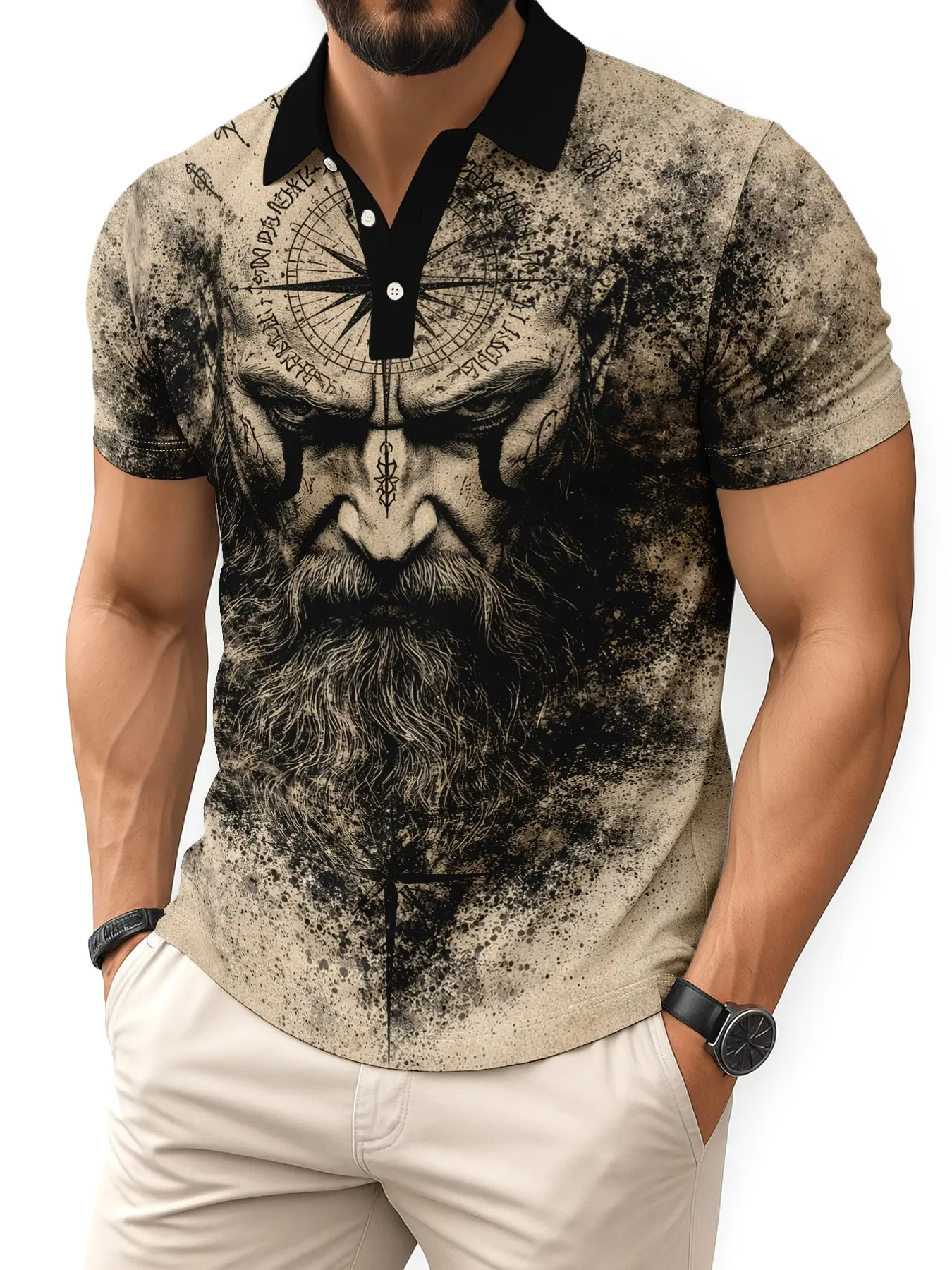 Viking Odin & Compass Pattern Turnover Collar Shirt, Nordic Mythology Casual Top, Fitted Style, Print Design, Men's Fashion