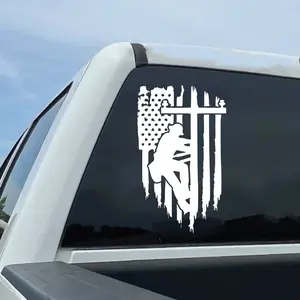 Lineman Climbing Pole with American Flag Decal Patriotic Electrician Sticker Lineman Pride Car Window Decal Electrical Work Durable Vinyl Decal for Cars Trucks Laptops and Toolboxes