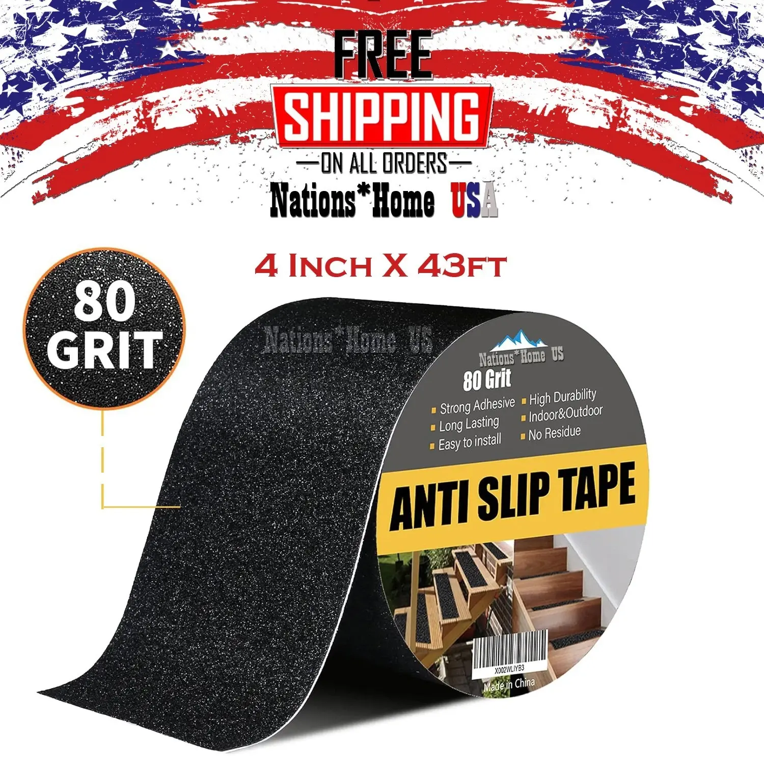 Anti-Slip Tape 80 Grit Wide Traction - Indoor and Outdoor Use (4 in x 43 ft)