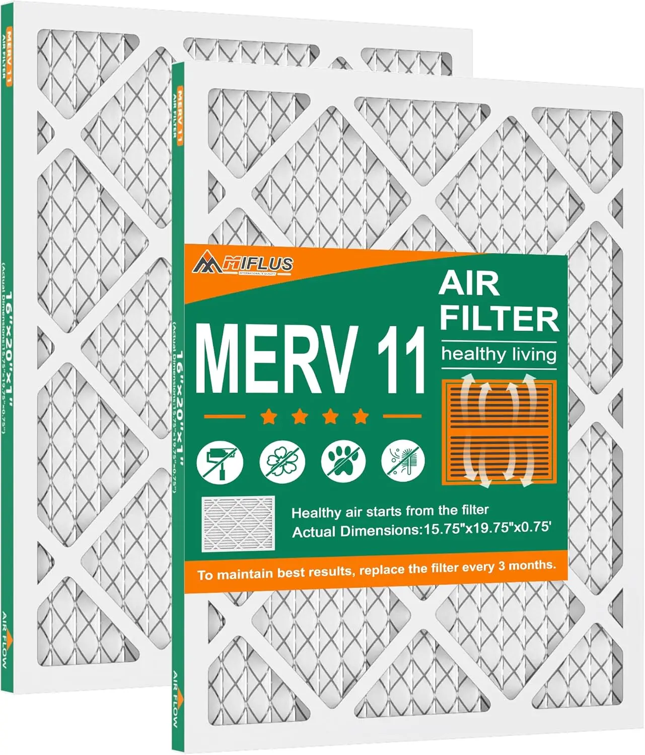 16x20x1 MERV 11 Air Filter, 2 Pack, Traps Dust,Pollen,Pet Dander, 2x Surface Area, Extends HVAC Lifespan