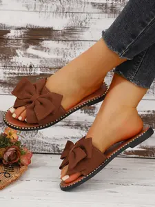 Women's Summer New Round Toe Flat Sandals, Slip-On Rhinestone Sole, Bow Decoration, Plain Color, Casual Comfortable Beach Shoes Flat Slides Sandals