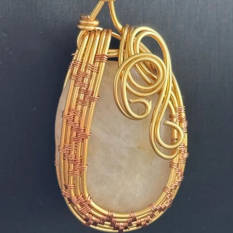 Whimsical Quartz Hand Crafted Wire Wrapped Pendant Necklace with Intricate Copper Wire Design