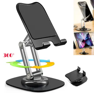 Phone Stand with 2 Cable Organizer, Adjustable Foldable Desktop Cell Phone Holder Stand, 360 Degree Rotating Phone Stand for Recording Compatible with iPhone 16 15 14 13 12 11 Pro, Black