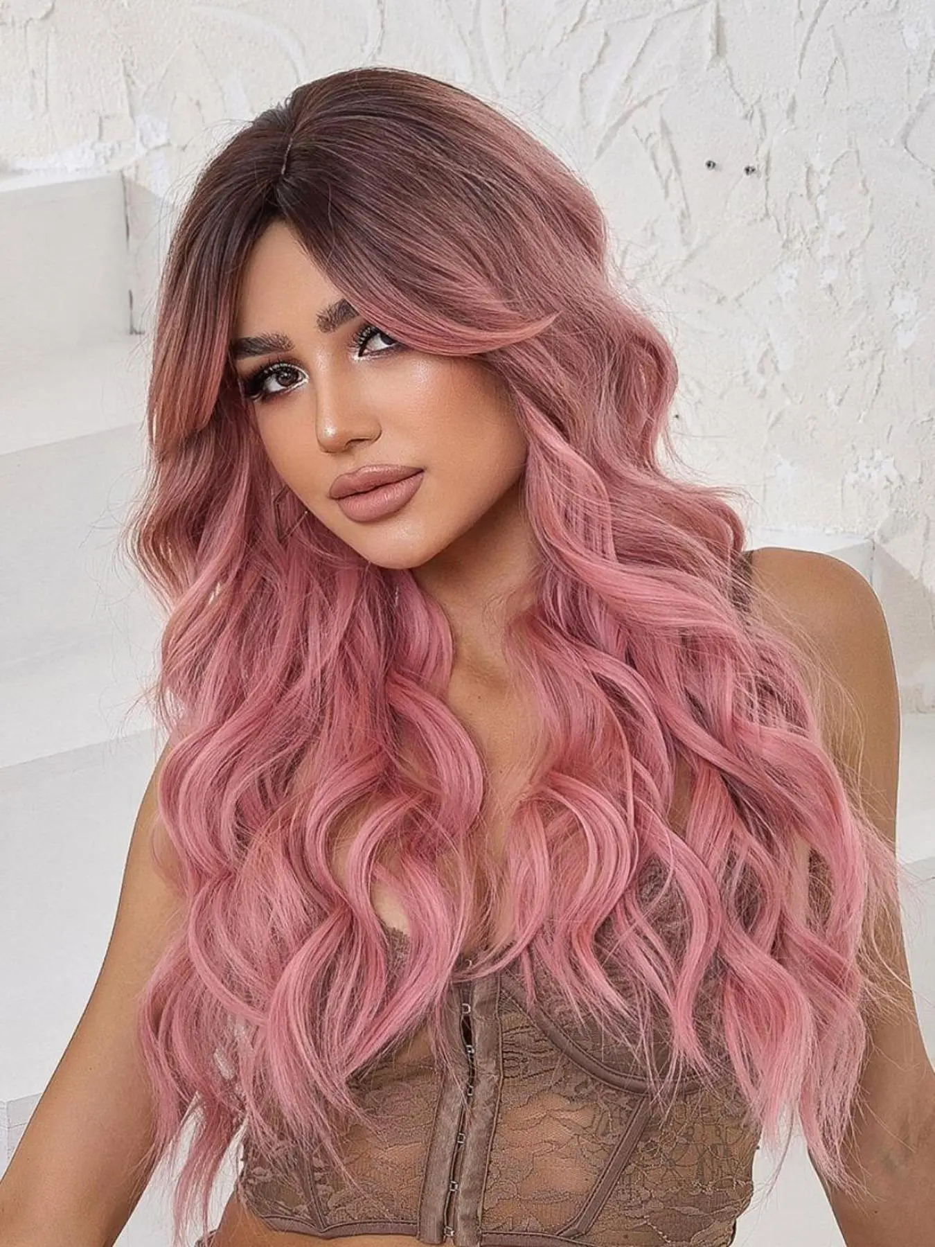 Women's Pink Long Curly Wigs, 30inch Gorgeous Fluffy Wigs with Bangs, Striking Synthetic Costume Wigs for Party & Daily Use, Anime Cosplay, Wavy Ombre Wig, Synthetic Hair Wig
