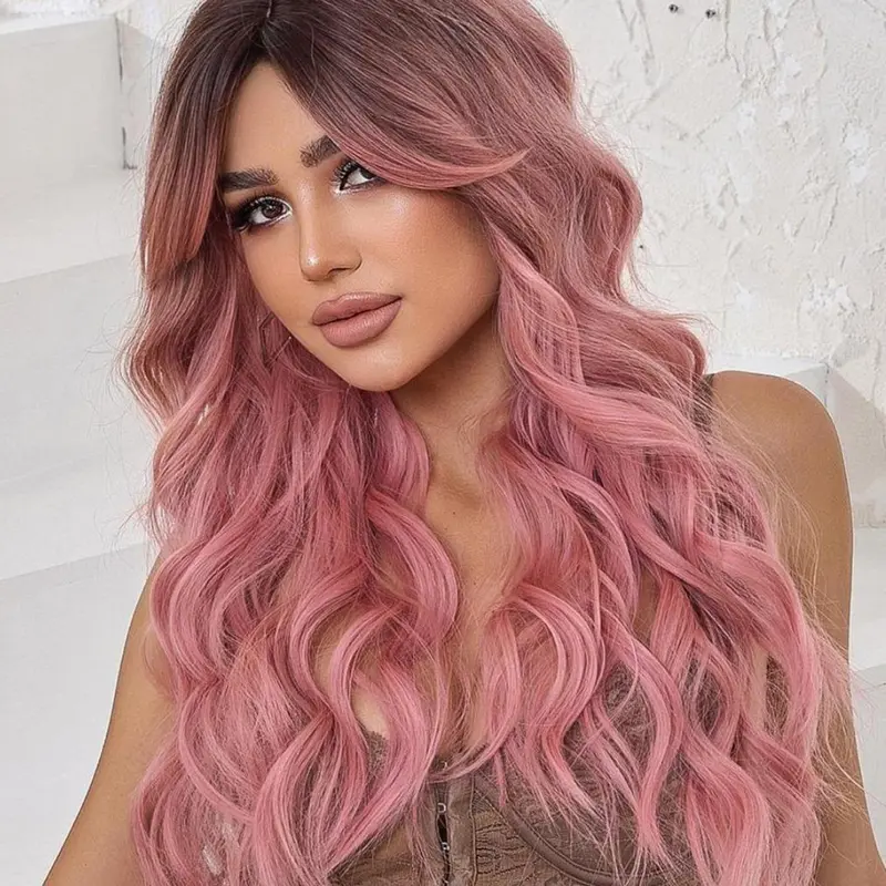 Women's Pink Long Curly Wigs, 30inch Gorgeous Fluffy Wigs with Bangs, Striking Synthetic Costume Wigs for Party & Daily Use, Anime Cosplay, Wavy Ombre Wig, Synthetic Hair Wig, Fun Wigs