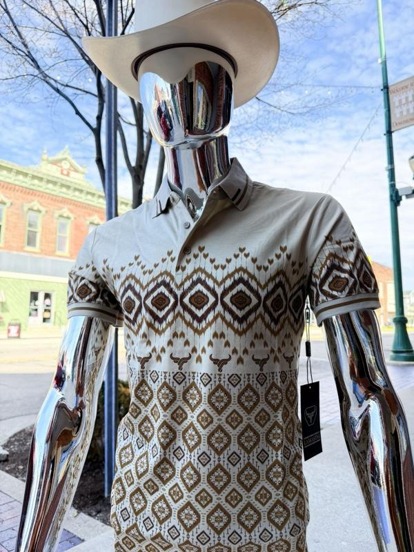 Polo Shirts Western Style Short Sleeve Shirt with Geometric Pattern and White Color