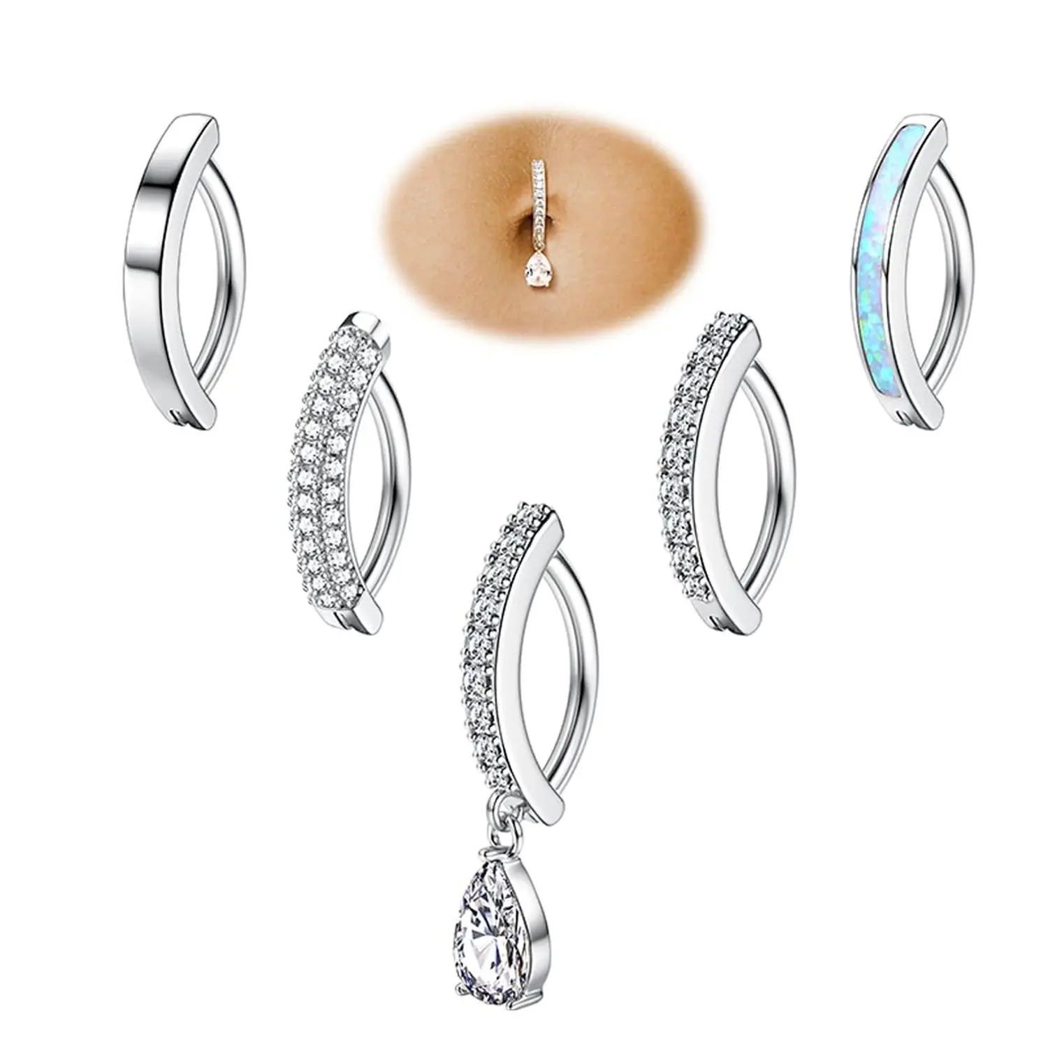 FIASASO 5-Count Female Belly Button Rings Set, 14G Short Opal Silver Gold Clicker Navel Piercings, Simple Dangle CZ Geometric Hypoallergenic Body Jewelry for Reverse Piercings