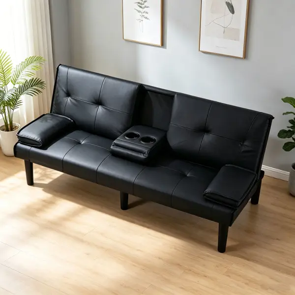 67 In Rectangular Adjustable Sofa - Sturdy Faux Leather Futon Loveseat, Indoor Sofa Bed, 2-Seat Sleeper, PVC Leather, 2 Cup Holders, Removable Soft Fixed Arms, 40-56 in Range, Supportive, Assembly Required for Living Rooms, Modern Home Decor