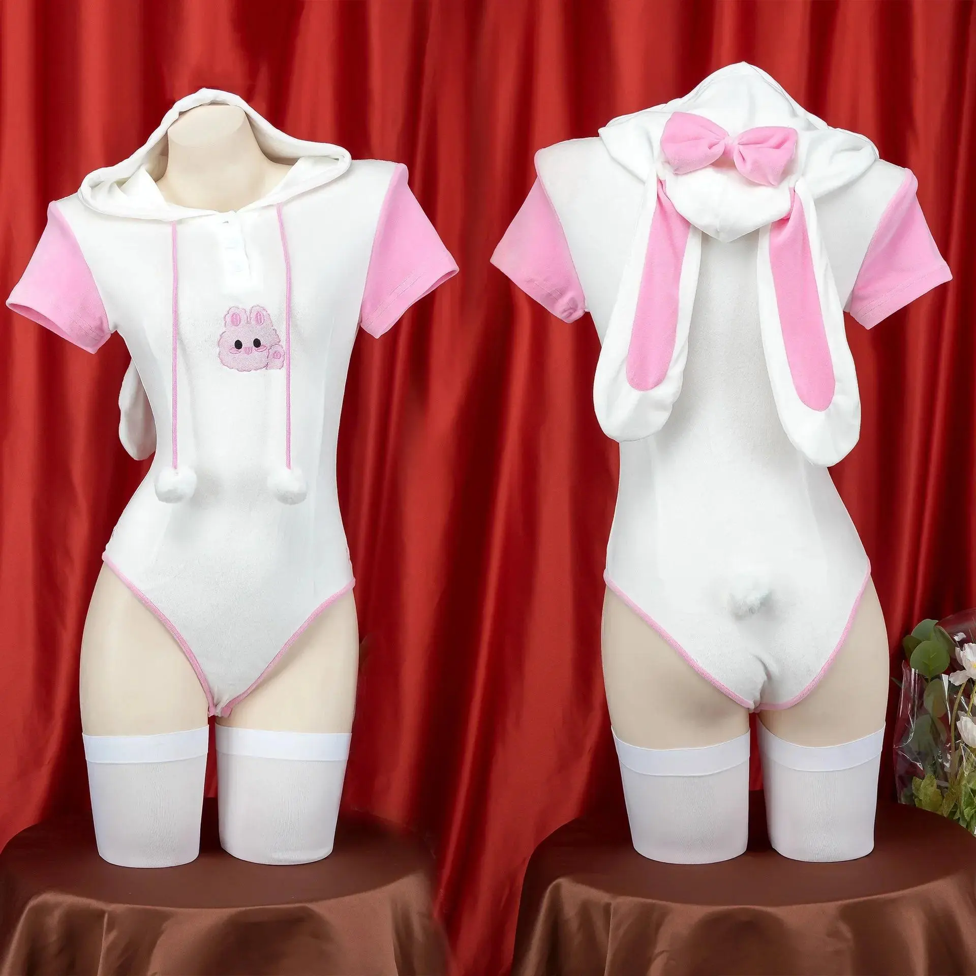 Women's Cosplay Bunny Girl Costume Set - Kawaii Sexy Plush Hoodie Bodysuit, Cute Rabbit Ears Accessories, Short Sleeve Pajamas, Performance Clothing, Short Length, Plush Texture