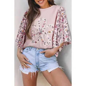 Pink Contrast Floral Patched Flowy Half Sleeve Blouse