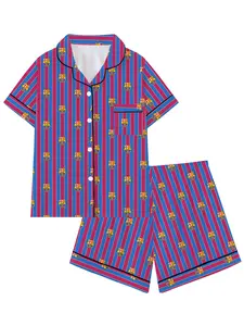 World Cup Teen Girls Striped Lapel Short Sleeve Pajama Set, Comfortable Sleepwear for All Seasons, Loose-Fitting Party Style Gift, Sleepwear Pajamas, Striped Print Pajama